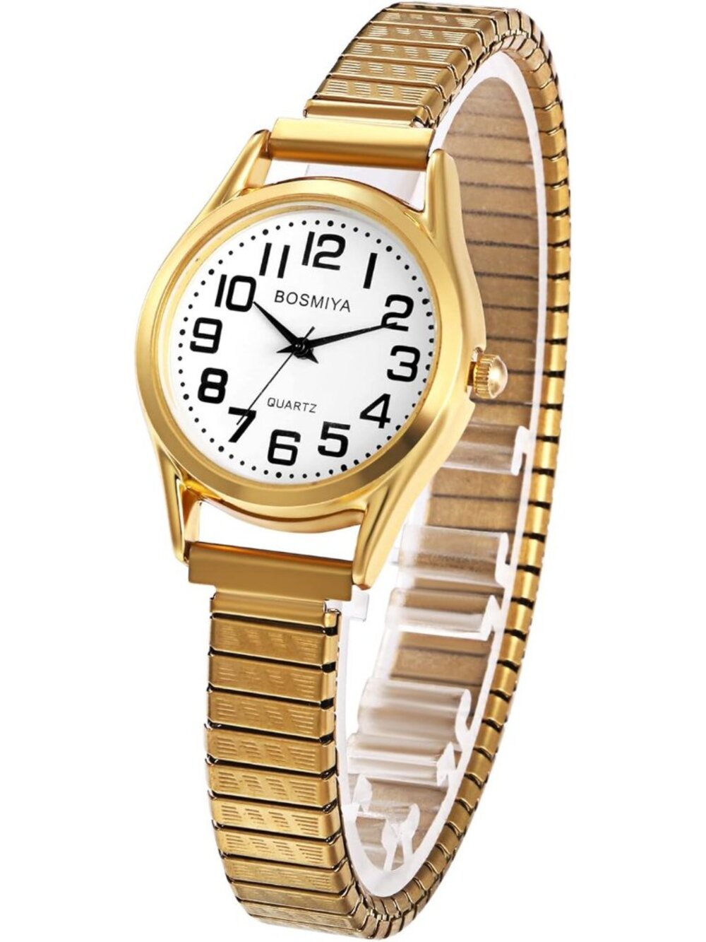 Women's Gold Analog Quartz Small Dial Easy Reader Stretch Band Round Wrist Watch